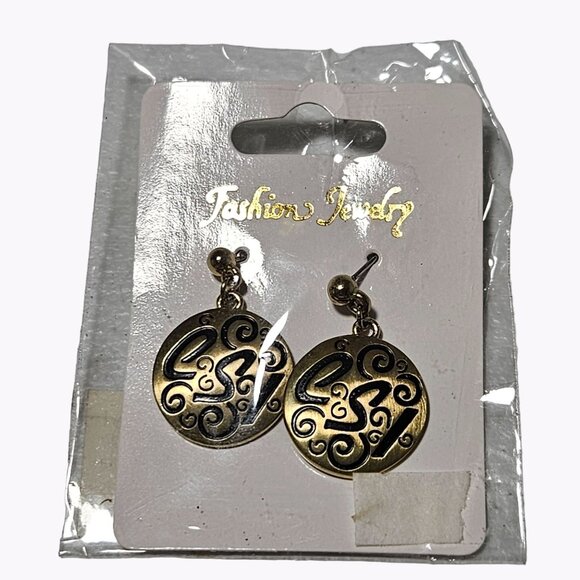Round Gold Tone CSI Drop Dangle Earrings Post Back Pierced Ears Costume Jewelry - Picture 1 of 4
